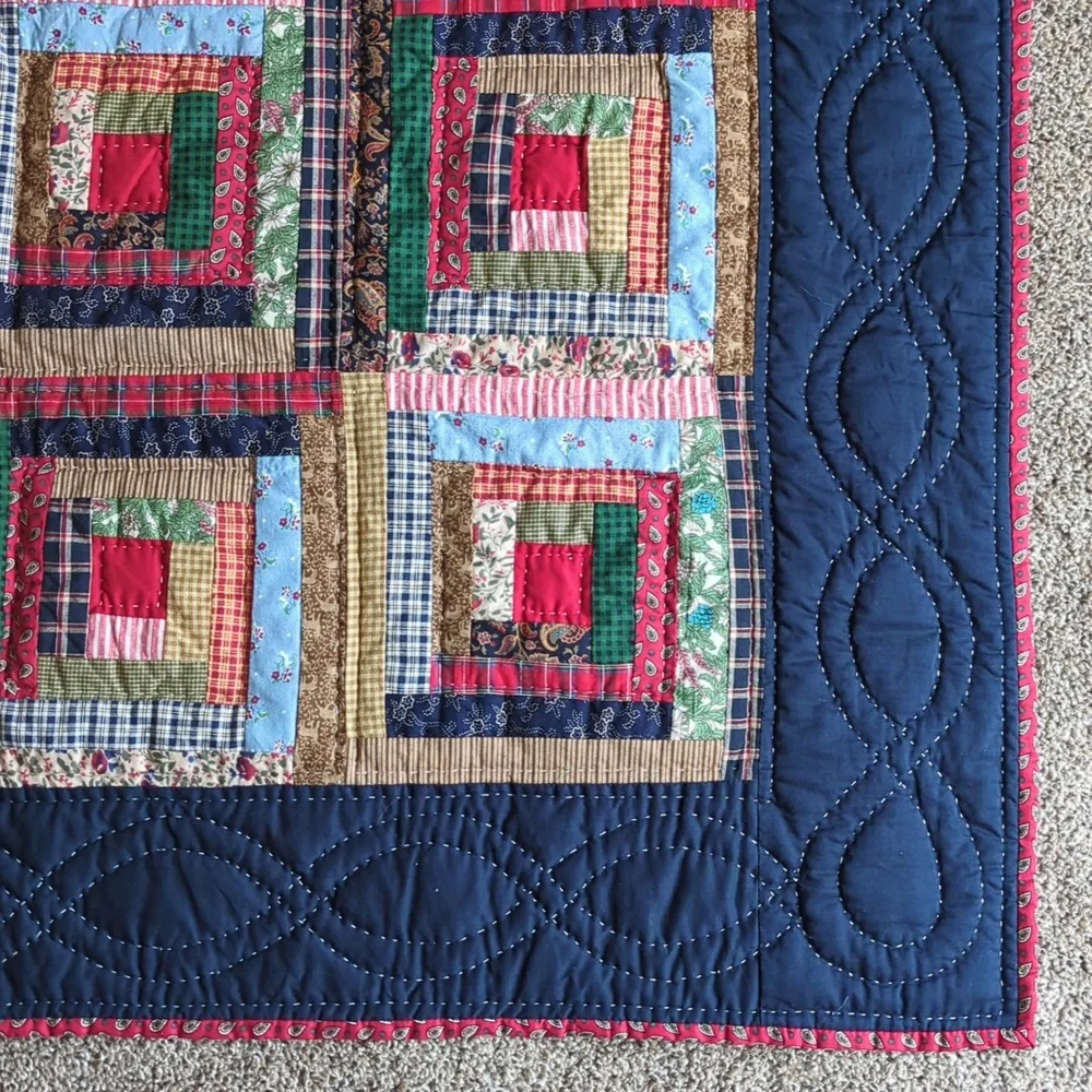 Handmade Navy Log Cabin Pattern Quilt